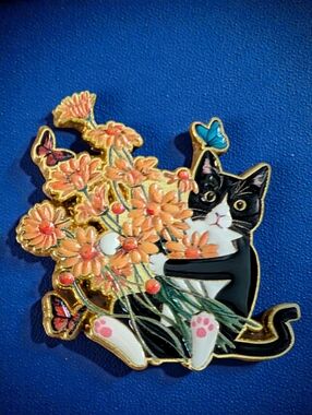 Black & White Cat Enamel Pin with Orange Flowers